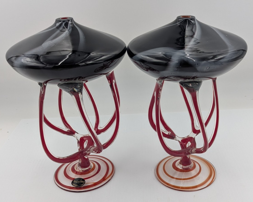 Rare Krosno Jozefina Vintage Glass Oil Lamp Pair 11" Tall Black Red Poland